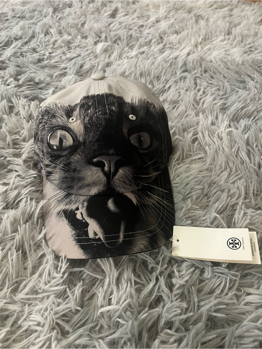 Tory Burch Cat Face Baseball Cap in Black & Gray